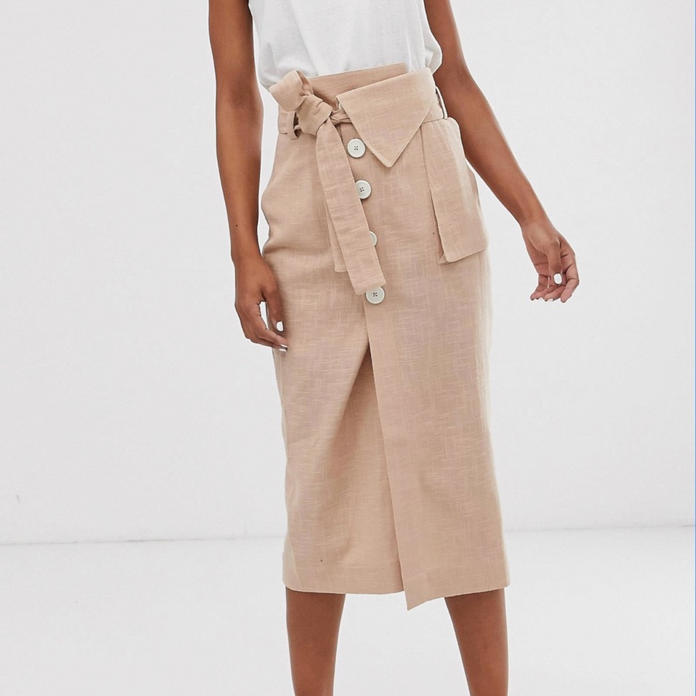 ASOS Button-Up Midi Skirt with Pocket & Tie Belt